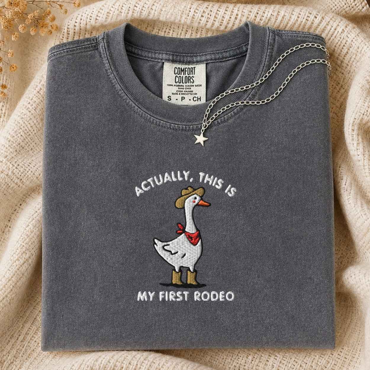 A folded dark gray t-shirt with a white goose embroidery that reads 'ACTUALLY, THIS IS MY FIRST RODEO' and shows a white goose wearing a cowboy hat and red bandana. The shirt is styled on a beige knit blanket with a silver star necklace draped over the collar.