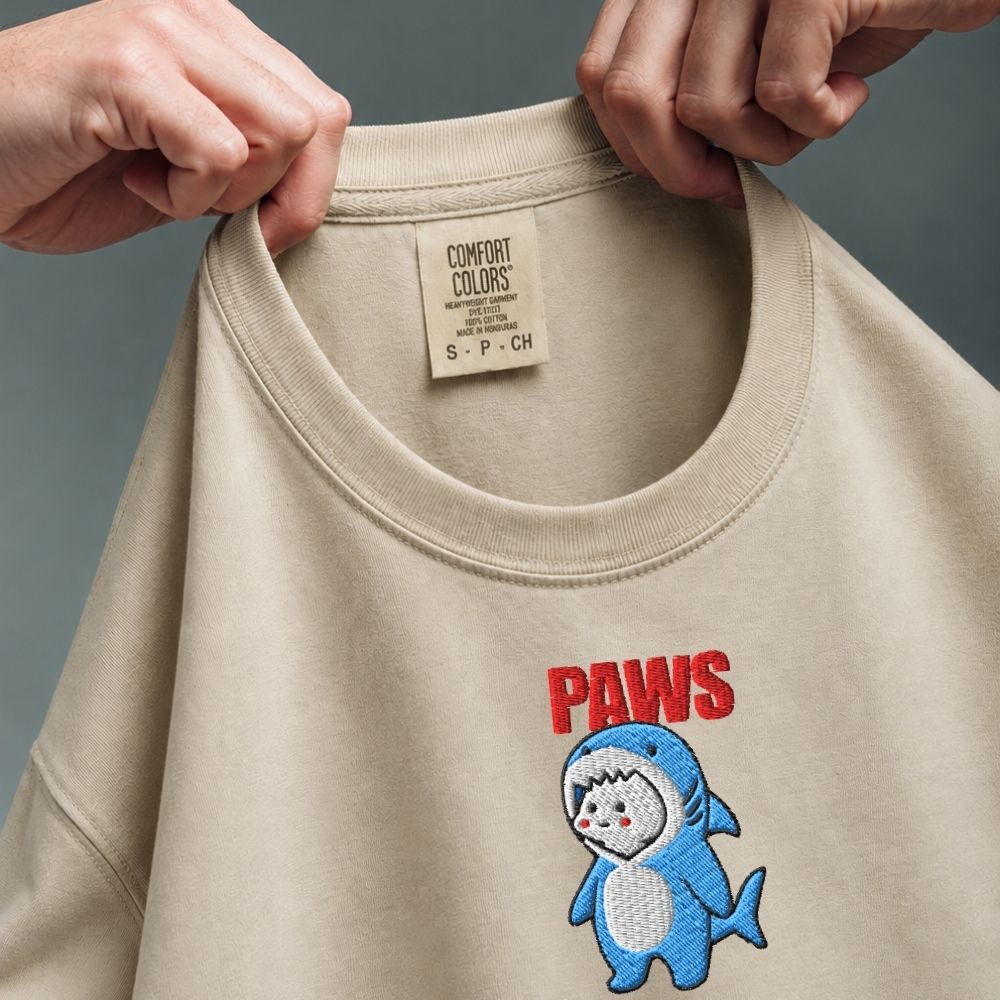 Close-up of a beige crewneck tshirt being held at the collar by two hands. The tshirt features a blue and white embroidered shark character with the word 'PAWS' in red above it.